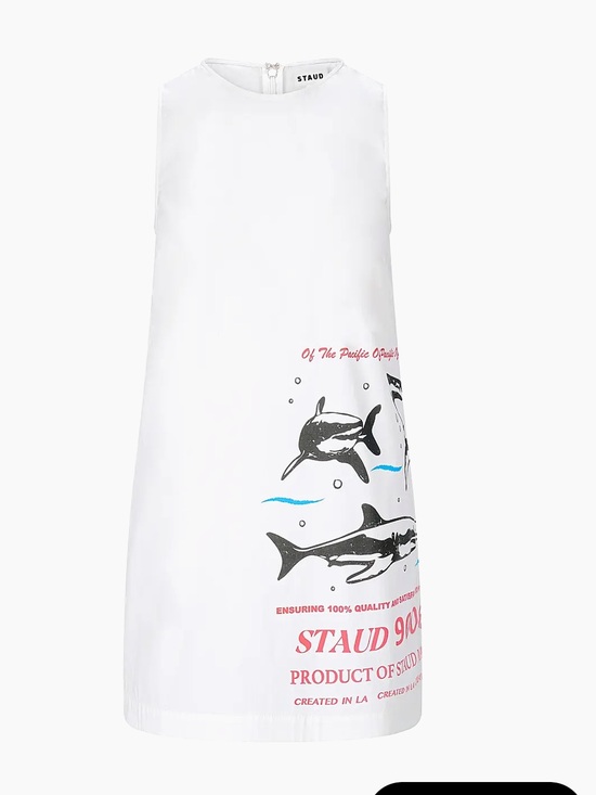 STAUD Dresses & Skirts - STAUD White Shift Dress with Orca & Shark Graphic and Pink Accents